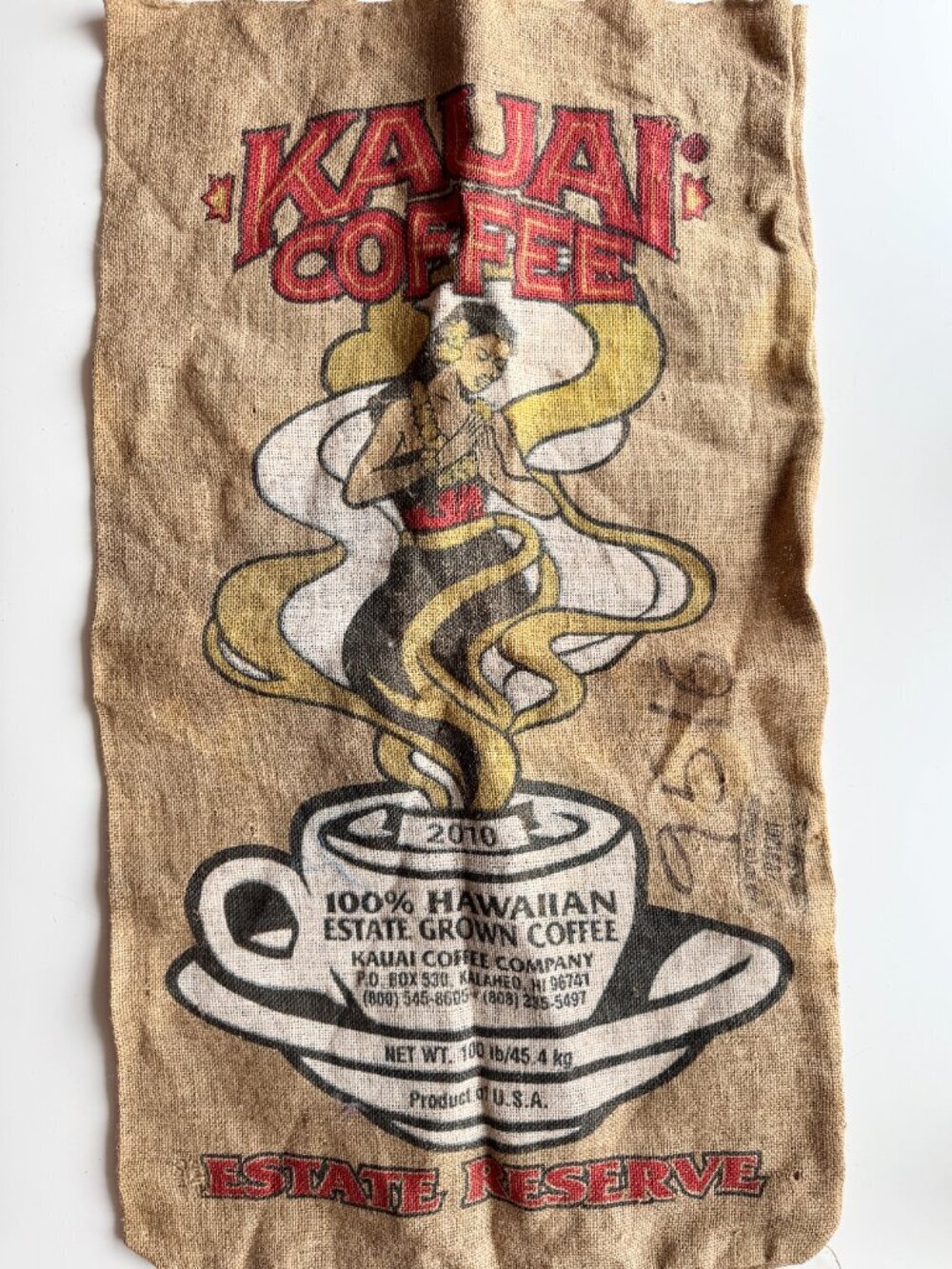 2010 KAUAI COFFEE Hawaiian Estate Reserve 38" x 22" Burlap Sack Bag